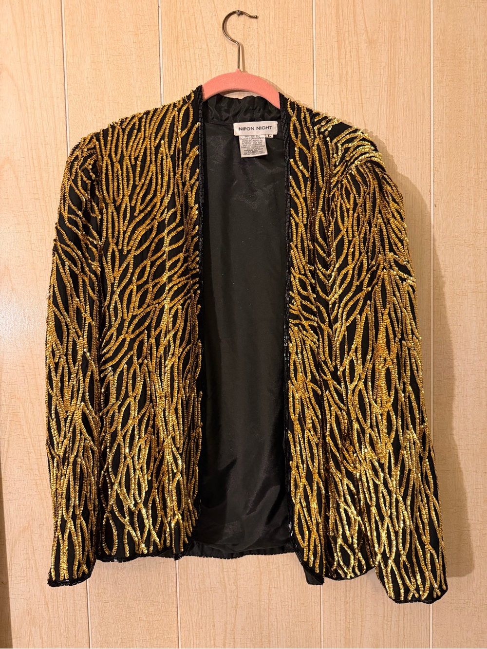 Gold Sequin-Beaded Black Open-Front Vintage  Blazer by Nipon Night